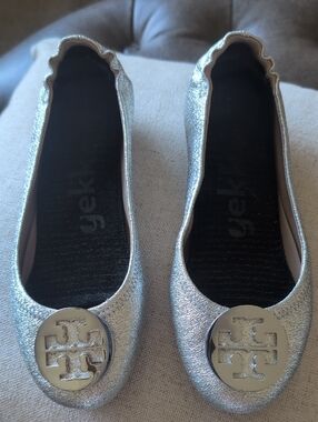 Tory Burch Metallic Silver Logo Ballet Flats